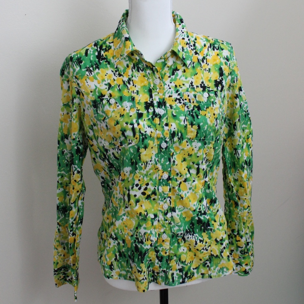 Jones New York yellow and green button up shirt